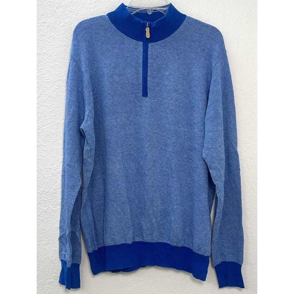 PETER MILLAR Mens LARGE Blue Cotton/Cashmere 1/4-Zip L/S Mock Neck SWEATER EUC